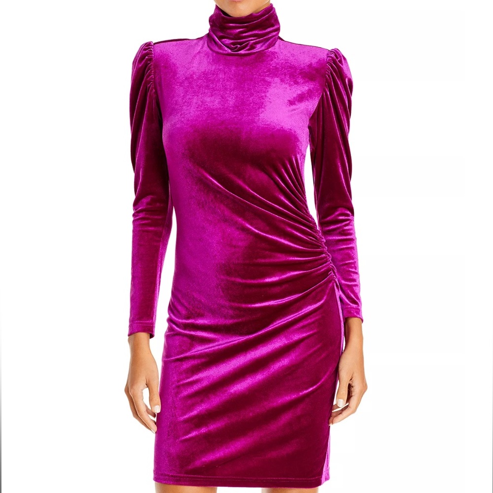 Pam & Gela Mock Neck Shirred Dress. Perfect for your valentines date!